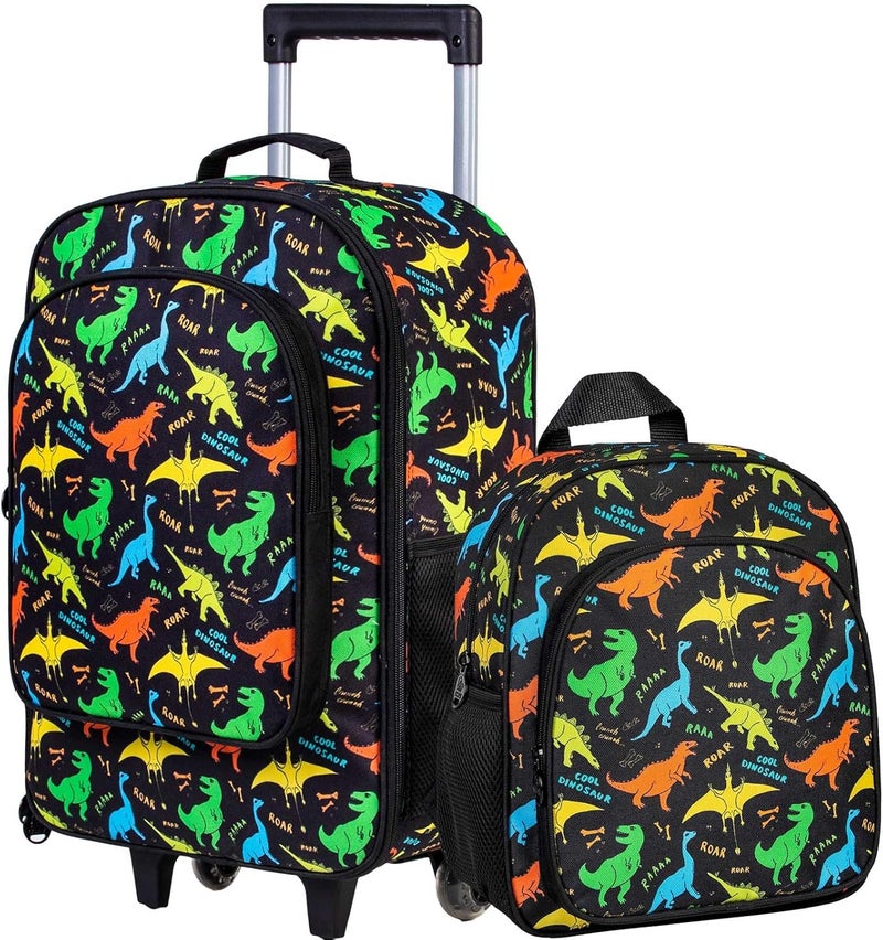 FTJCF Store 2Pcs Dinosaur Suitcase for Boys, 18" Kids Carry on Luggage with Wheels, Cool Travel Rolling Set with 12" Toddler Backpack(Black) - Image 1